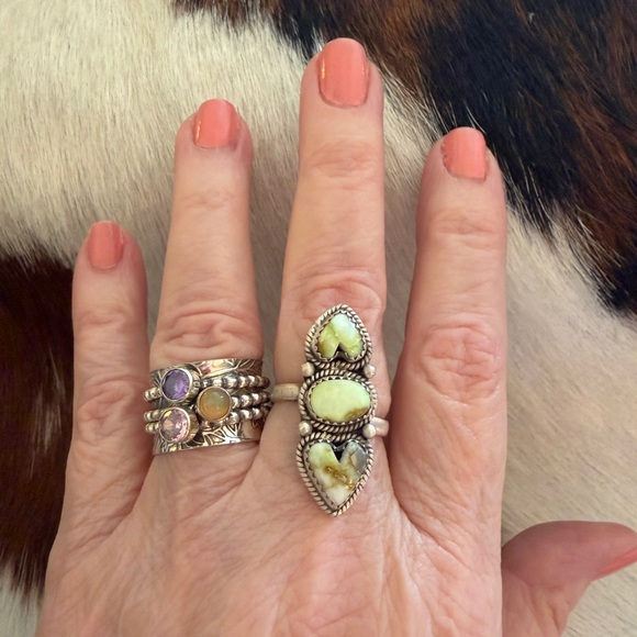 ❤️ Palomino Variscite Navajo 3 Stone Heart Brushed Sterling 925 Adjustable Ring - Picture 4 of 13